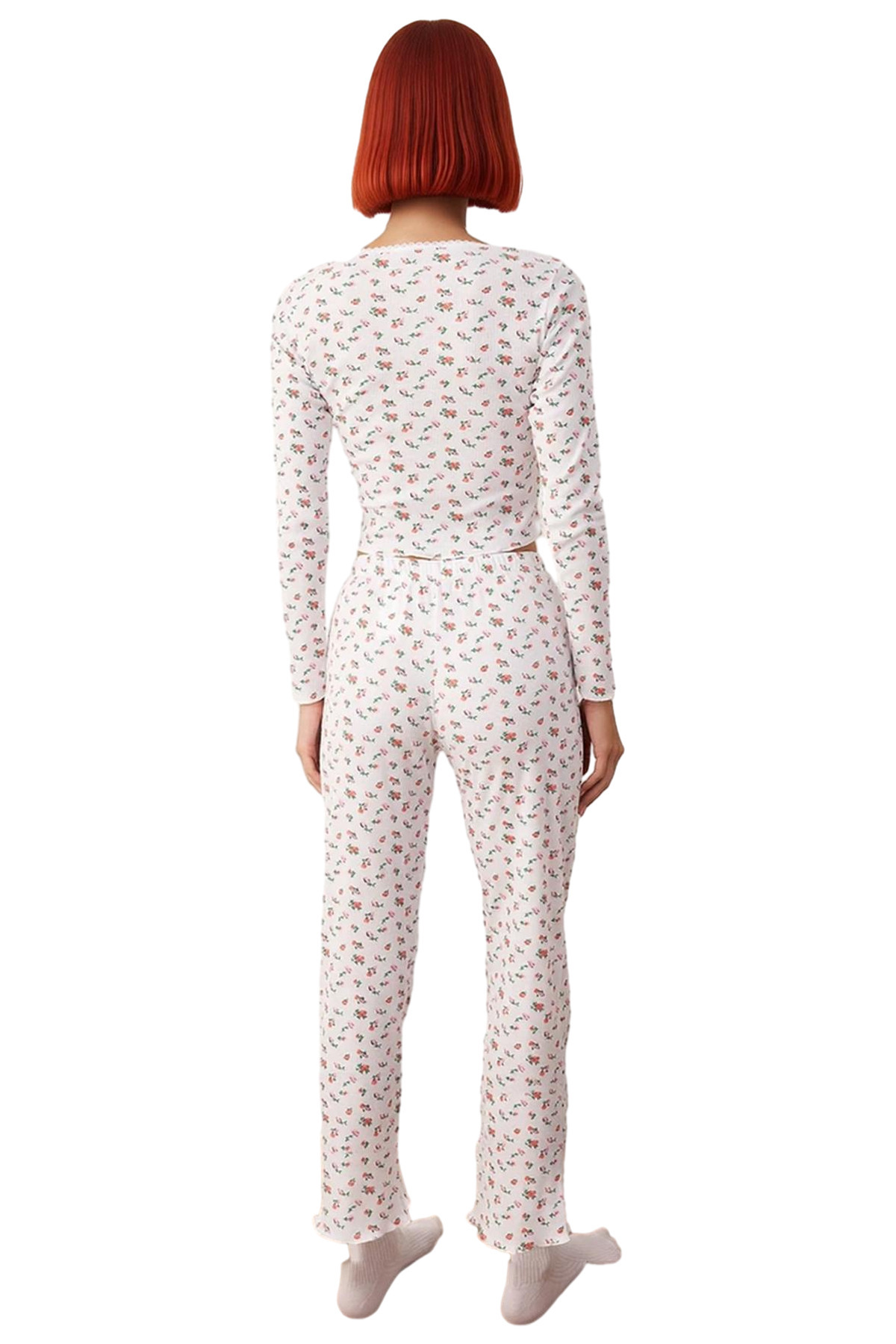 Kadın Çiçekli Dantel Detaylı Fitilli Pijama Takımı Fonksiyonel Dayanıklı Kaliteli Konforlu