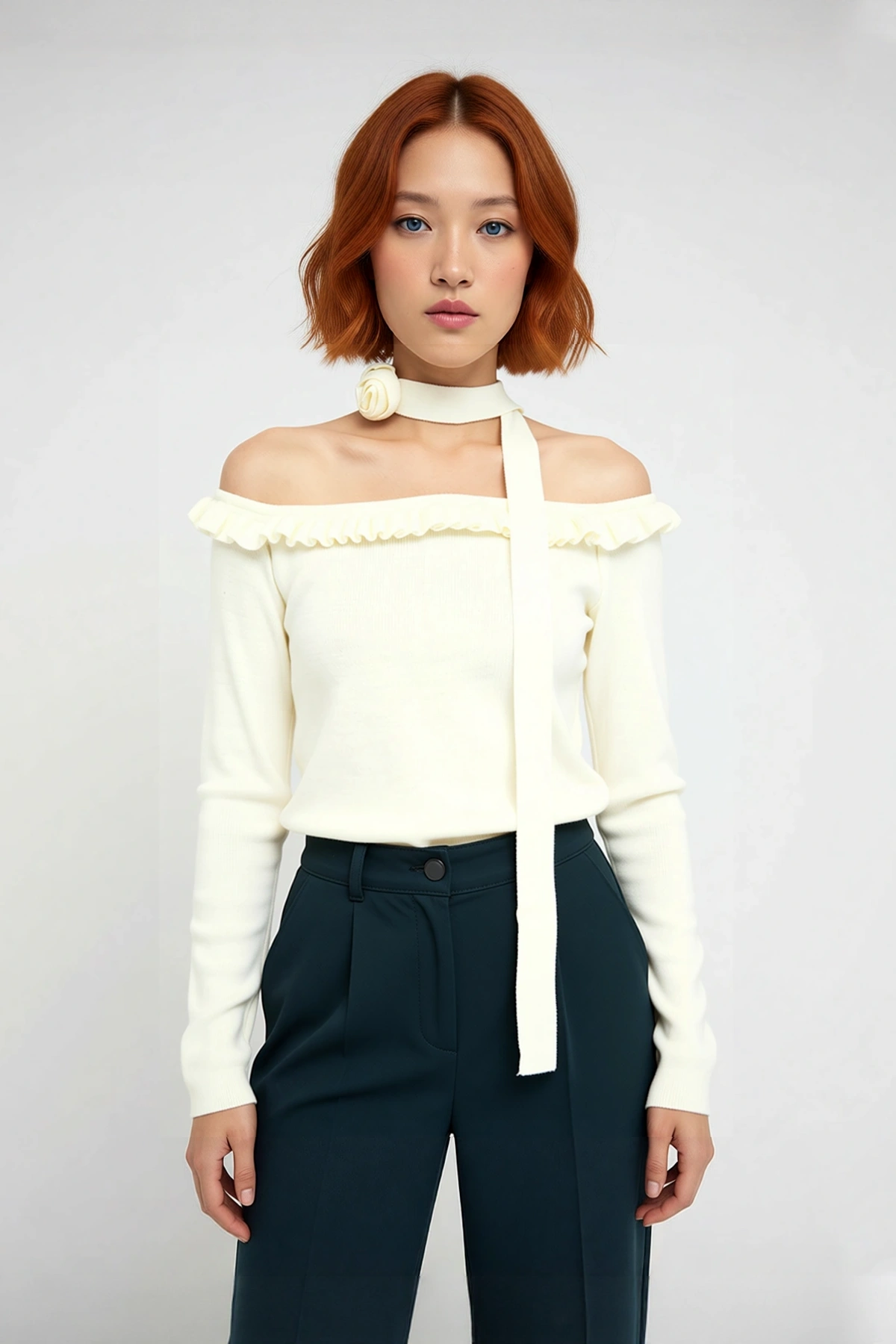 Kadın Carmen Yaka Fitted Basic Akrilik Triko Uzun Kol Bluz Güllü Atkı Aksesuarlı Şık Ve Modern Stil