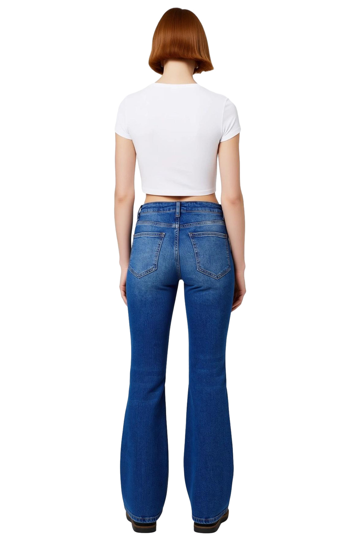 Kadin Yüksek Bel İspanyol Paça Denim Pantolon Fonksiyonel Dayanıklı Kaliteli Konforlu Spor