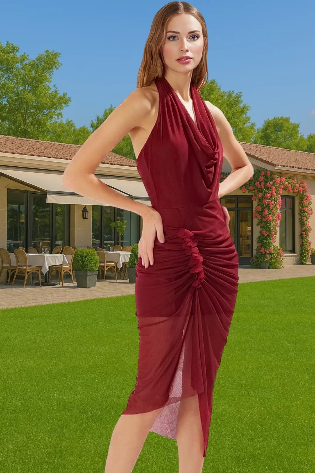 Kadın Midi Örme Abiye Elbise Şık Aksesuarlı Tül Astarlı Yazlık Özel Günler İçin Günlük Kullanım