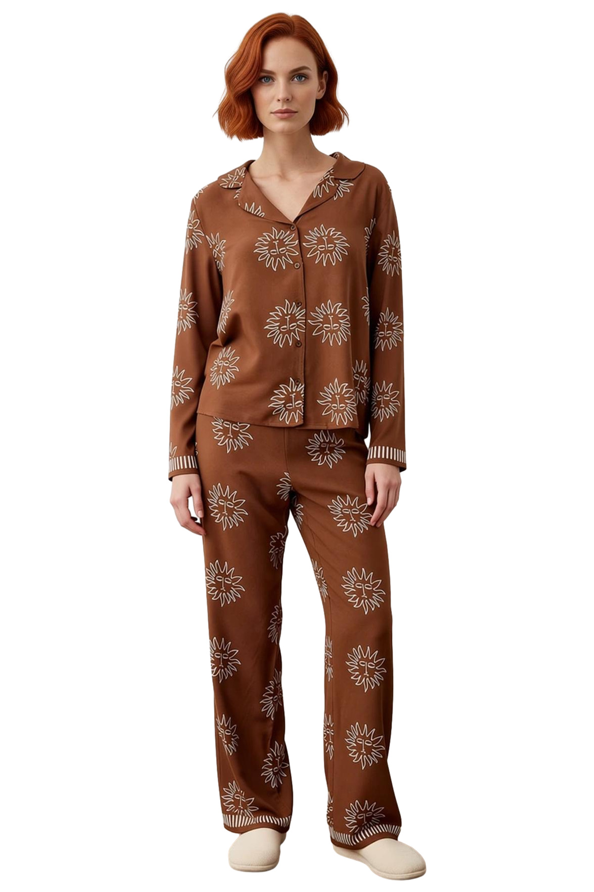 Kadın Güneş Desenli Viskon Pijama Takımı Kış Mevsimi İçin Rahat Ve Şık Kaliteli İşçilik