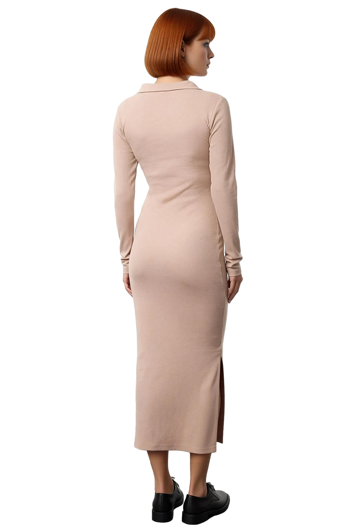 Kadın Bodycon Uzun Kollu Pamuklu Fitilli Midi Elbise Polo Yaka Bağlama Detaylı Şık Günlük Stile