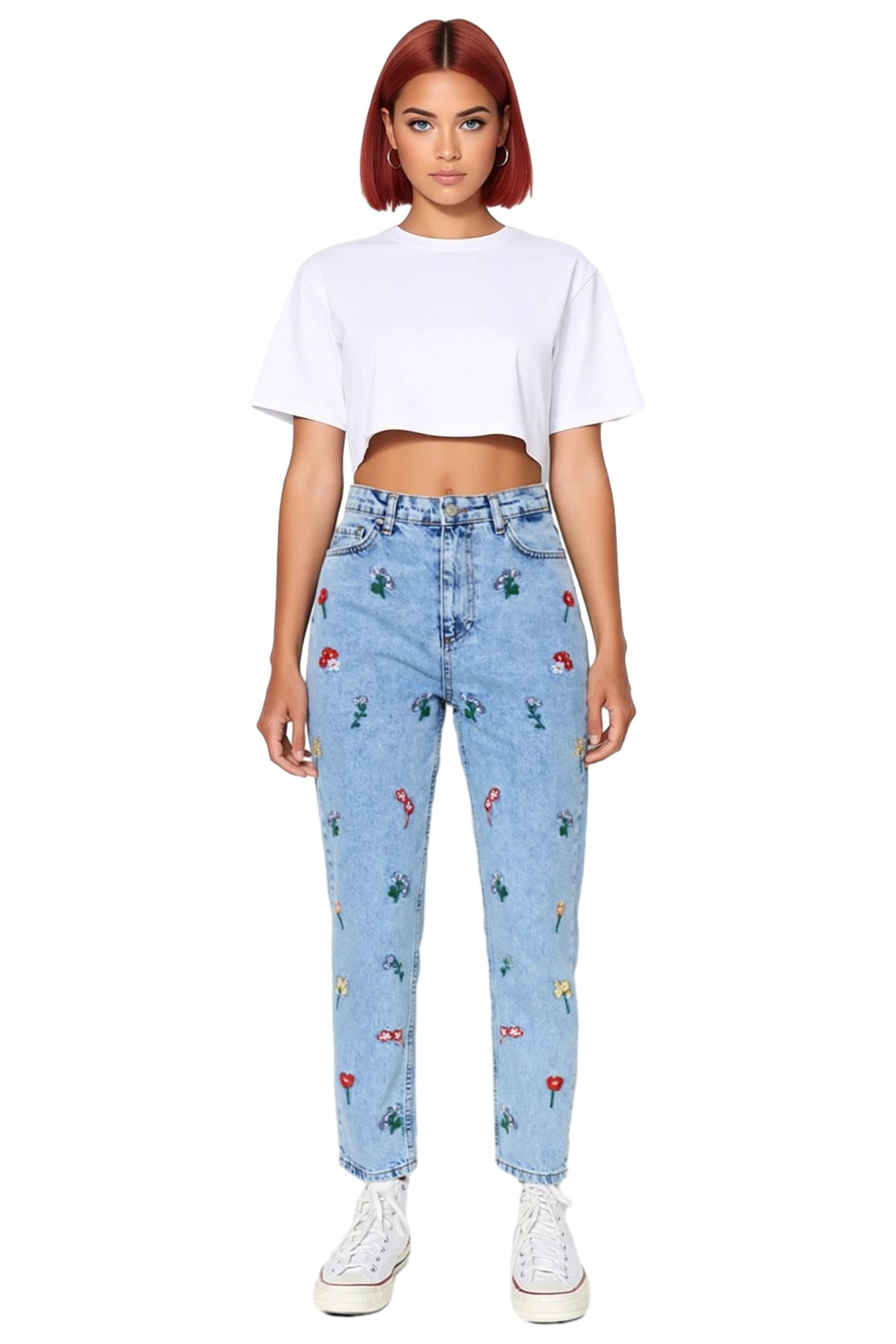 Kadın Moda Nakışlı Mom Jean Yüksek Bel Regular Boy Pamuk Günlük Stil Mevsimlik Kullanım