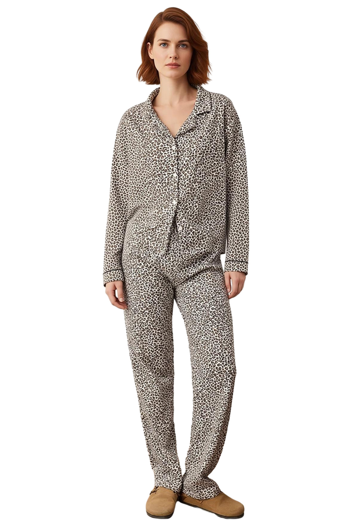 Kadın Leopar Desenli Gömlek Yaka Pijama Takımı Fonksiyonel Dayanıklı Kaliteli Konforlu Şık