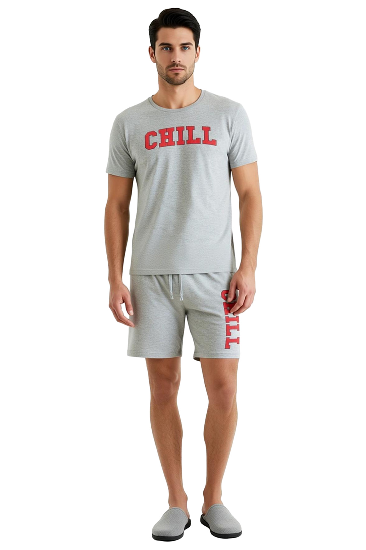 Erkek Bisiklet Yaka Kısa Kollu Baskılı Pijama Takımı Fonksiyonel Dayanıklı Kaliteli Modern