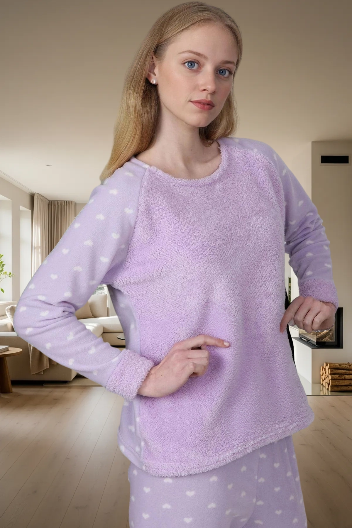 Kadın Kışlık Kalpli Polar Pijama Takımı Rahat Uyku Seti 3lü Profesyonel Görünüm Özel Tasarım