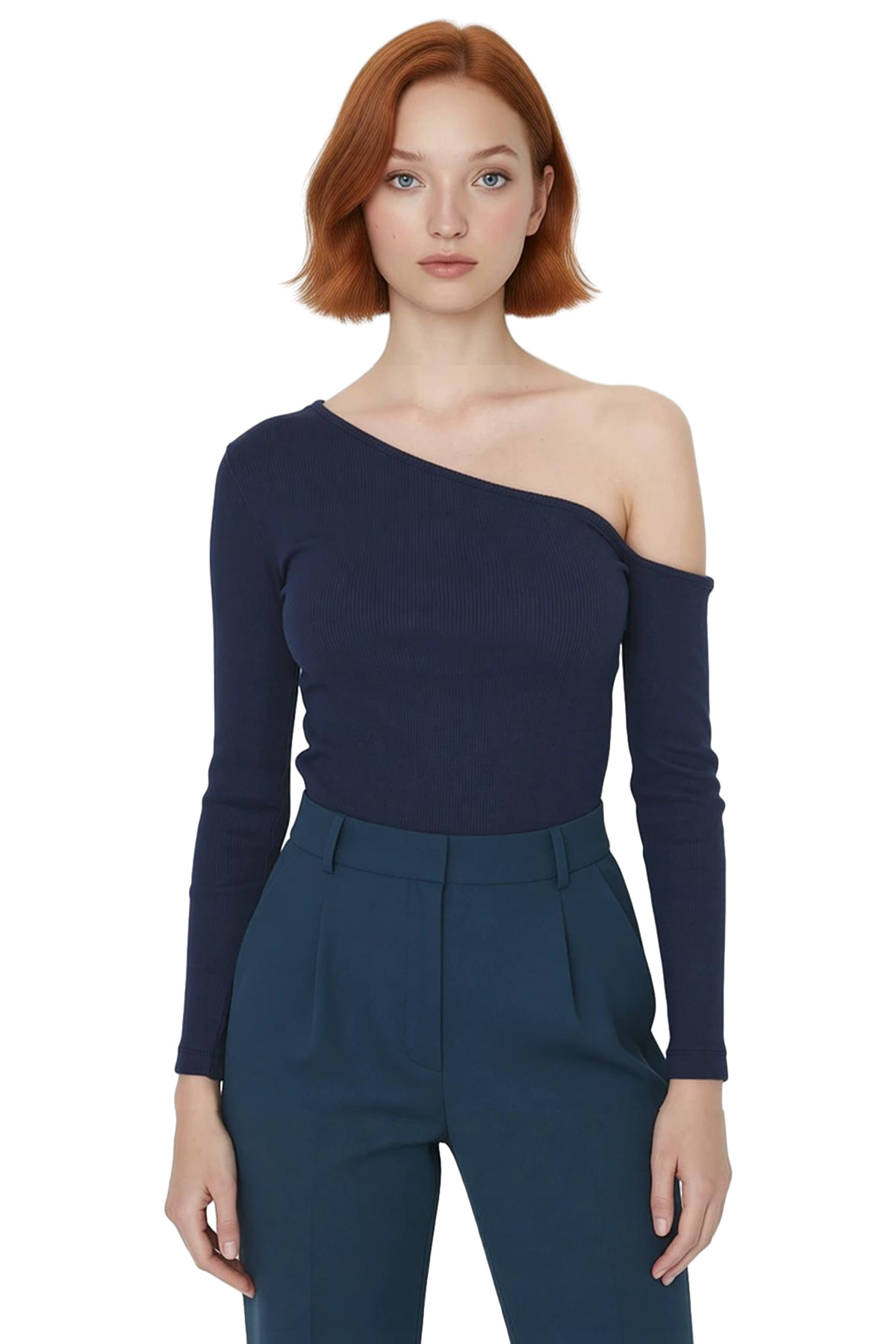 Kadın Asimetrik Yaka Düşük Kol Fitted Örme Bluz Uzun Kollu Crop Kesim Cool Comfort Tarzı İlkbahar