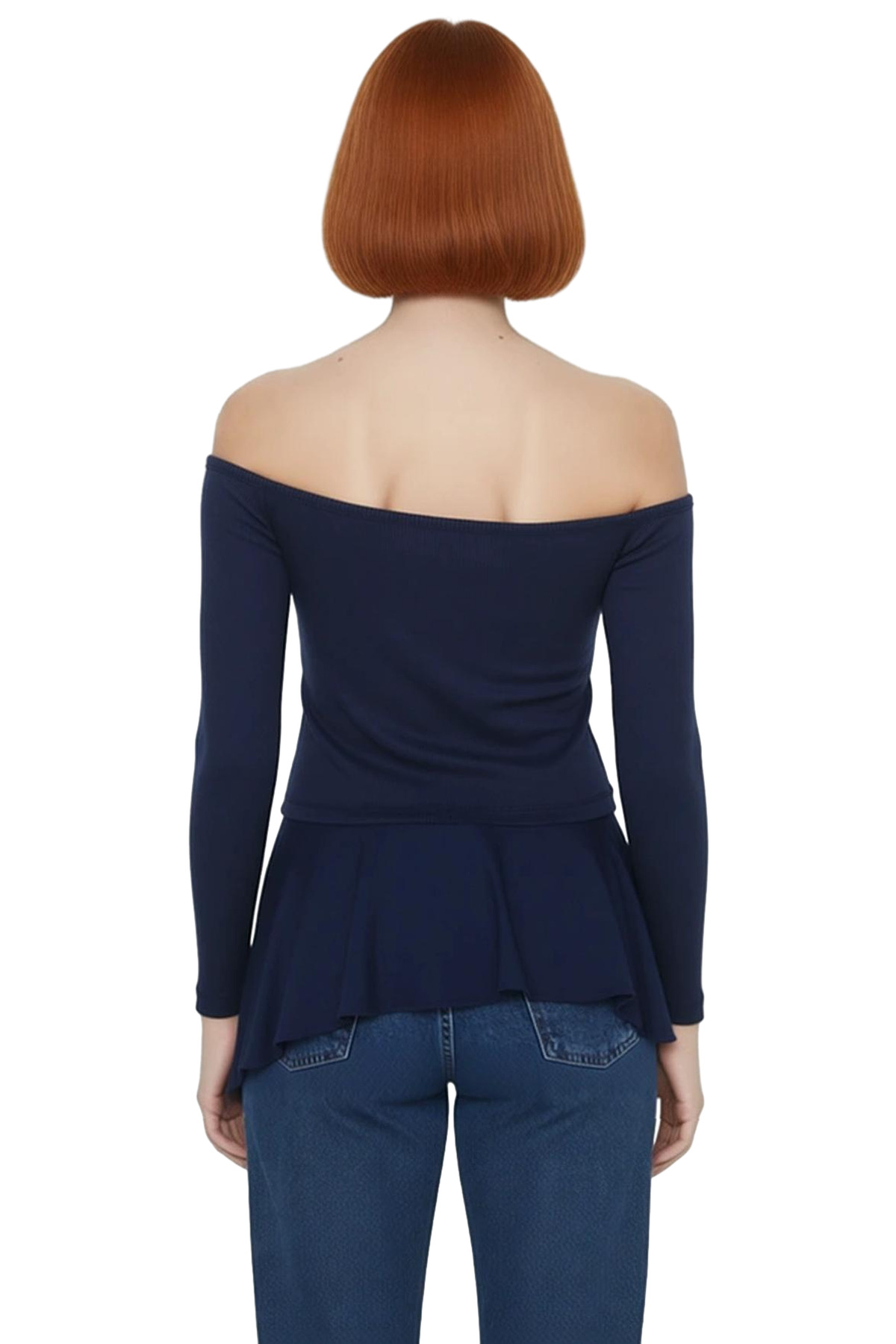 Kadın Asimetrik Yaka Düşük Kol Fitted Örme Bluz Uzun Kollu Crop Kesim Cool Comfort Tarzı İlkbahar