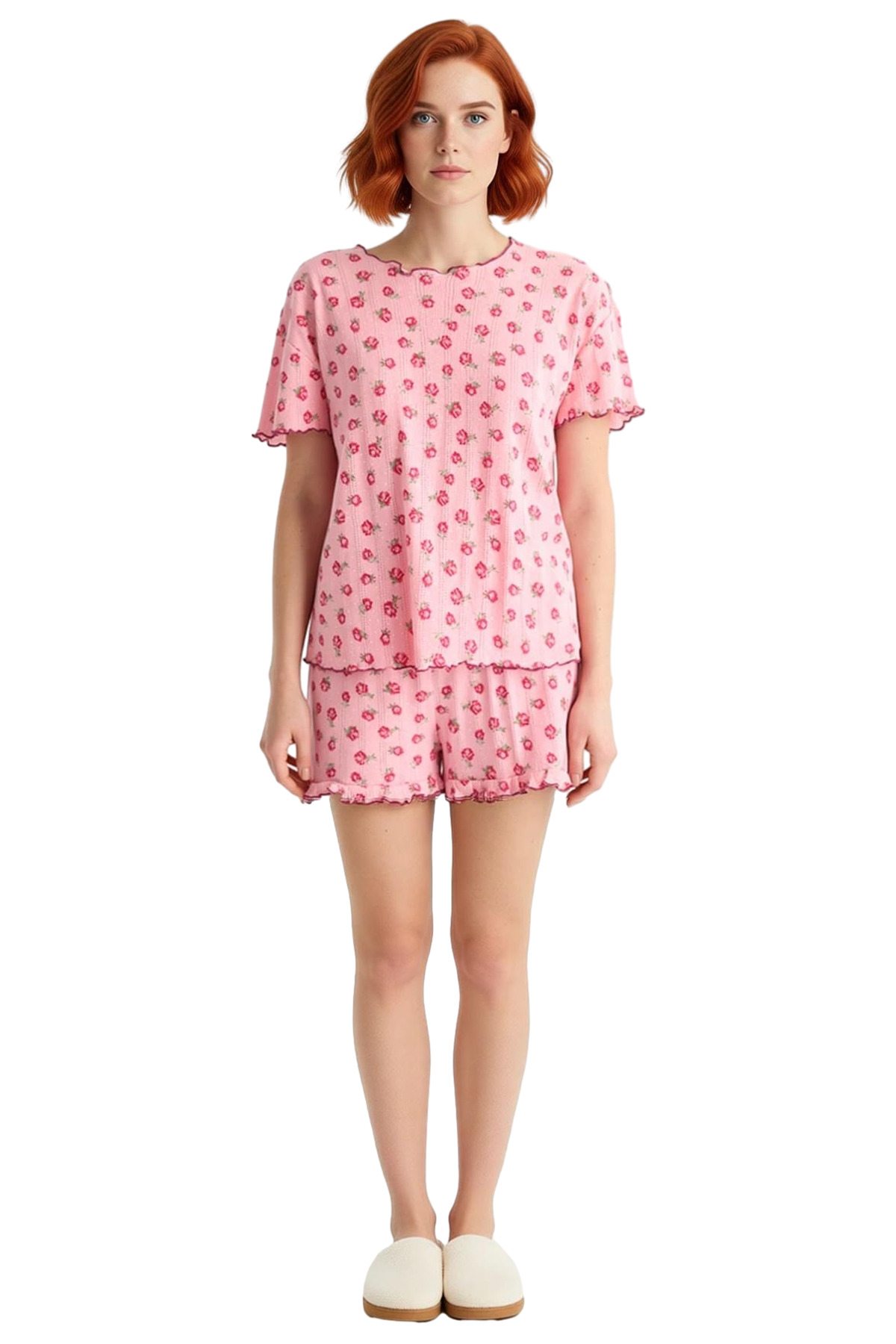 Kadın Çiçekli Fırfırlı Örme Pijama Takımı Rahat Yazlık Kombin Trend Tasarım Günlük Kullanım İçin