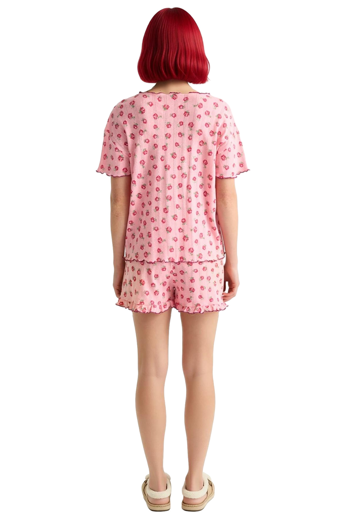 Kadın Çiçekli Fırfırlı Örme Pijama Takımı Rahat Yazlık Kombin Trend Tasarım Günlük Kullanım İçin