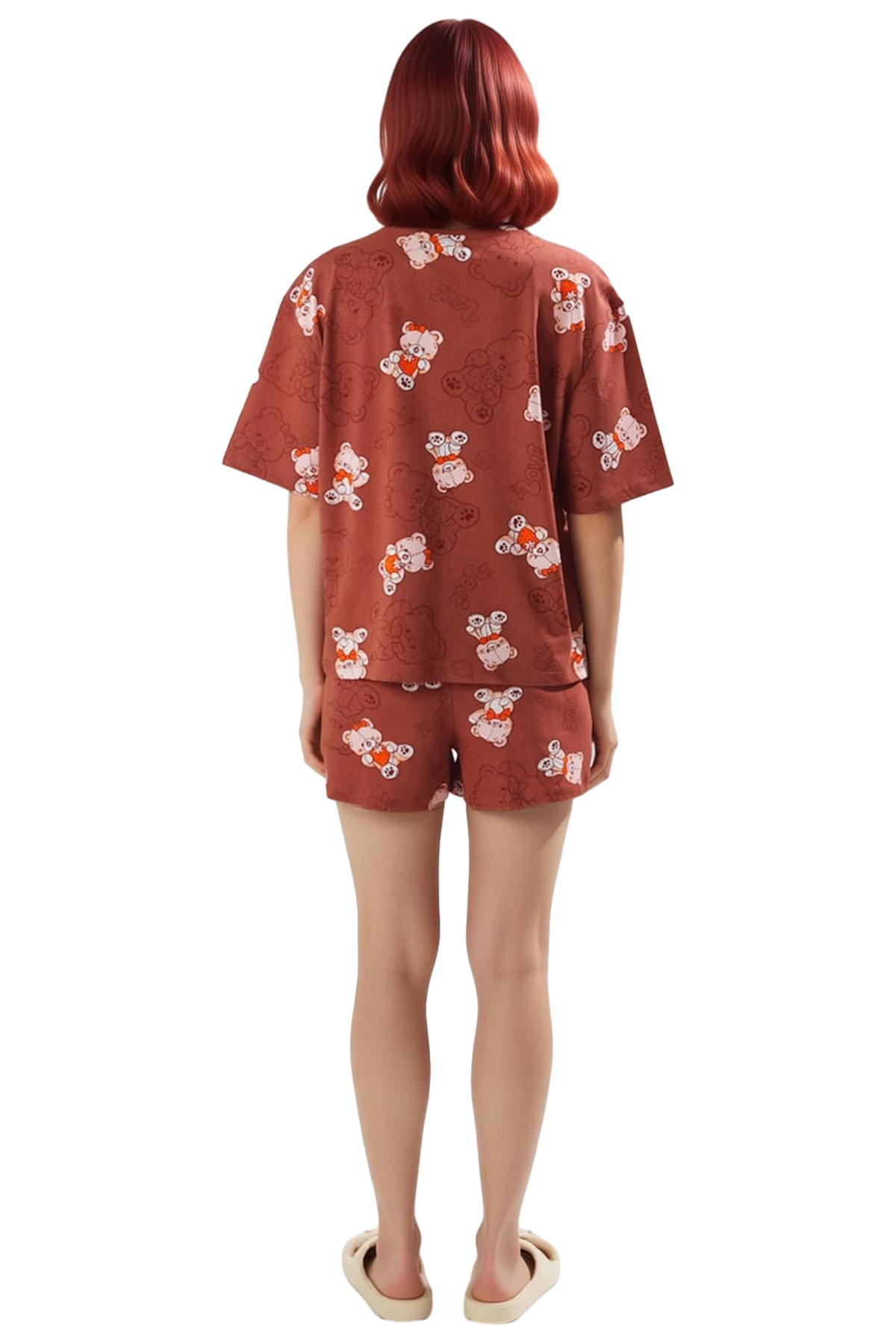 Kadın Ayıcıklı Pamuklu Pijama Takımı Kısa Kollu Regular Kalıp Yazlık Ev Giysisi Şık Görünüm
