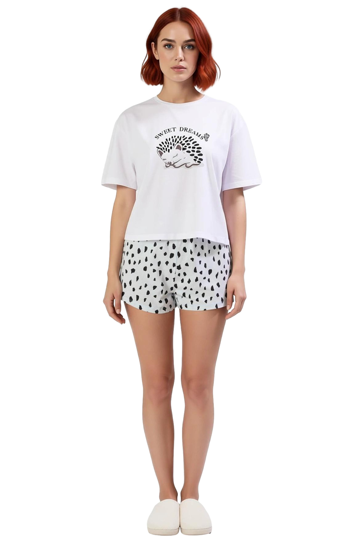 Kadın Kısa Kollu Bisiklet Yaka Pamuklu Pijama Takımı Konforlu Kesim Yüksek Kalite