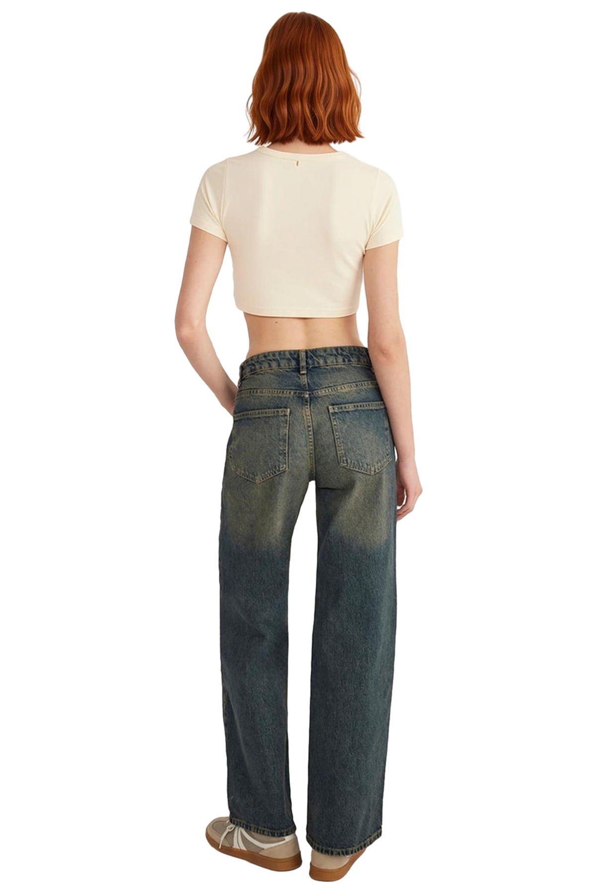 Kadın Koyu Vintage Efektli Düşük Bel Geniş Paça Jean Pantolon Fonksiyonel Dayanıklı Modern