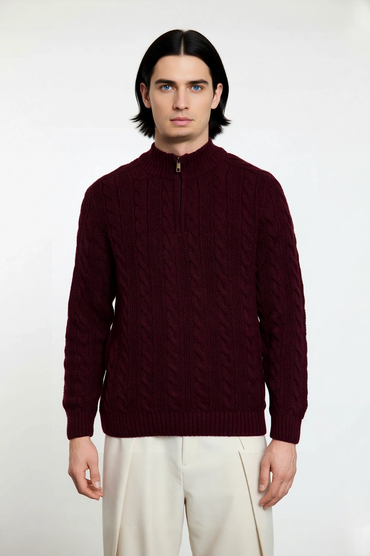 Unisex Regular Fit Fermuarlı Yarım Balıkçı Yaka Kalın Saç Örgü Triko Kazak Kışlık Kombinlerinize