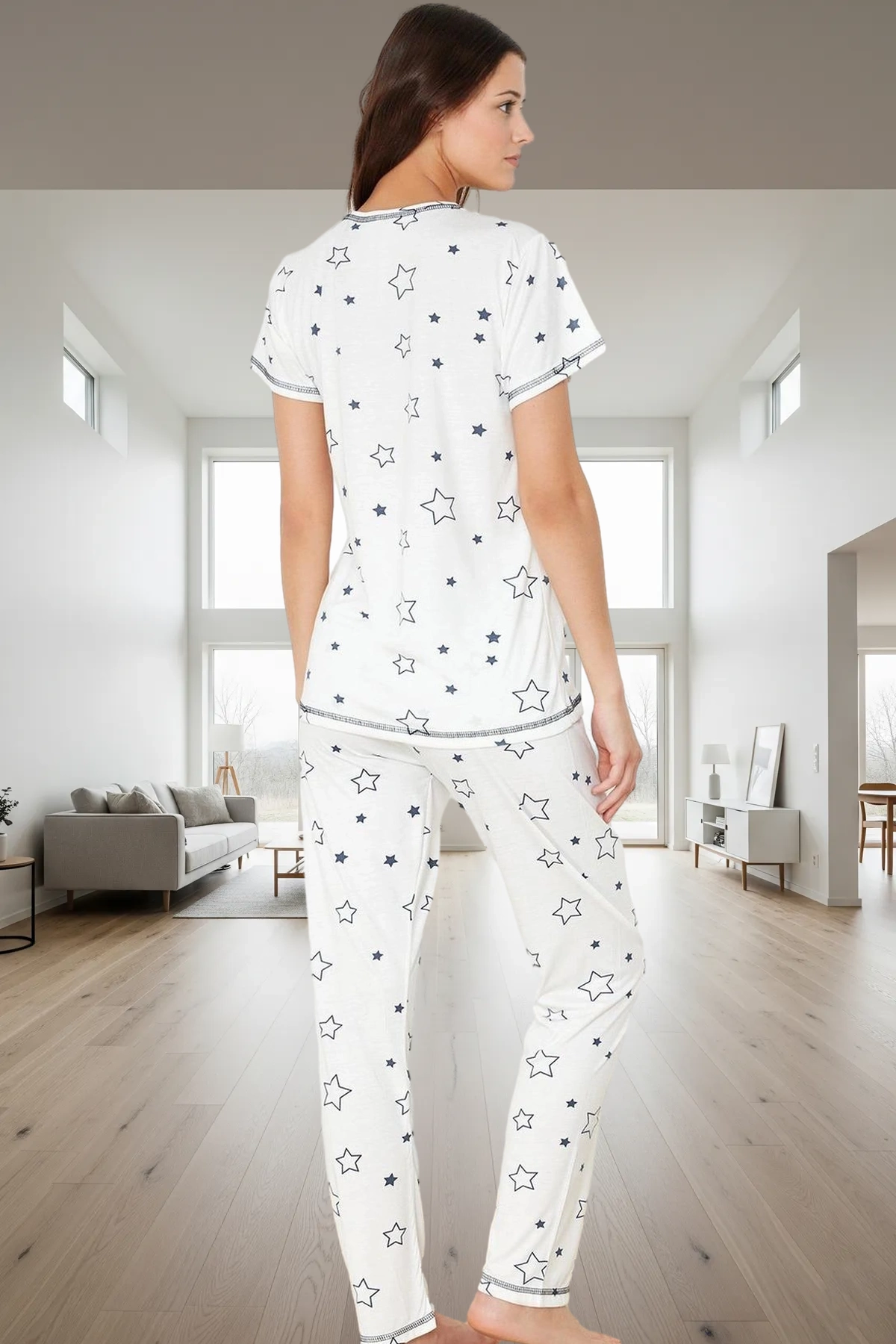 Kadın Yıldız Desenli Kısa Kollu Regular Pijama Takımı Profesyonel Görünüm Konforlu Kesim