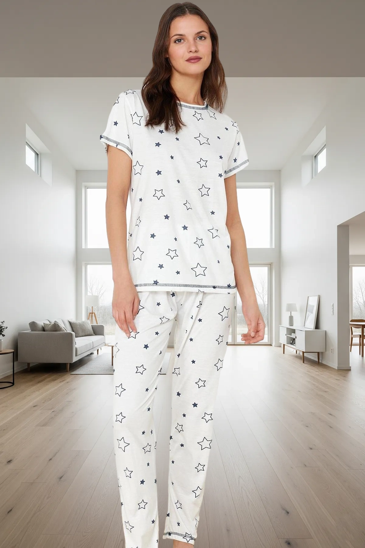 Kadın Yıldız Desenli Kısa Kollu Regular Pijama Takımı Profesyonel Görünüm Konforlu Kesim