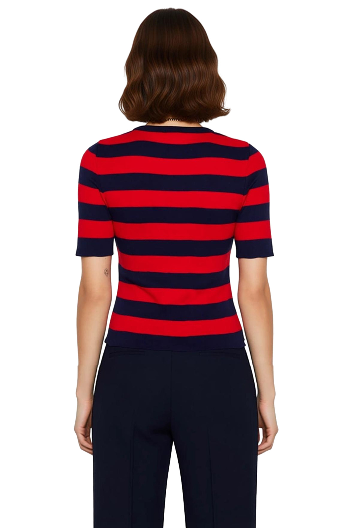 Kadın Bisiklet Yaka Kısa Kollu Çizgili Triko Bluz Fitted Kalıp Cool & Comfort Tarzı İle İlkbahar