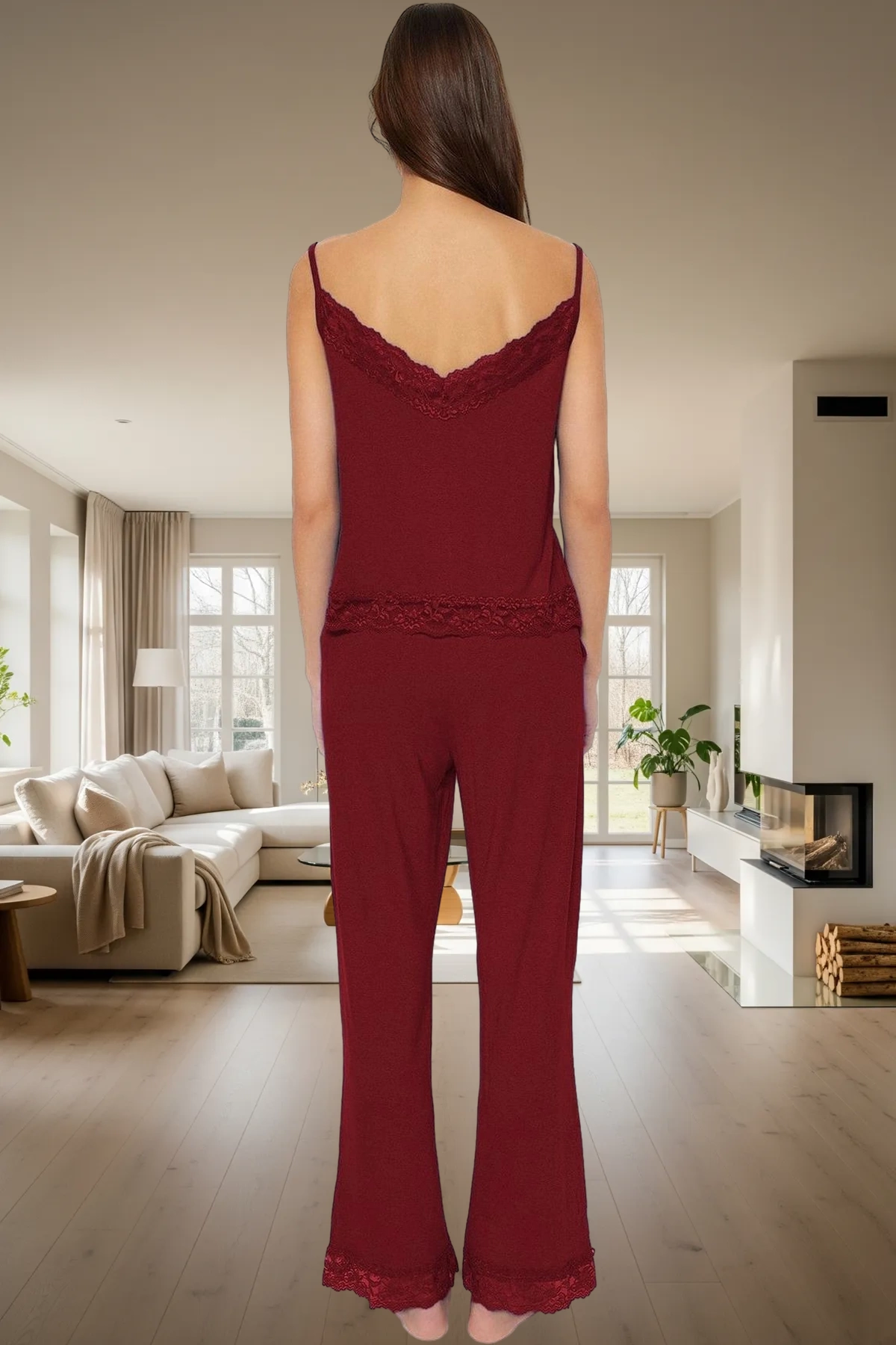 Kadın Viskon Pijama Takımı Dantel Detay İnce Askılı Rahat Lounge Uzun Ömürlü Şık Görünüm