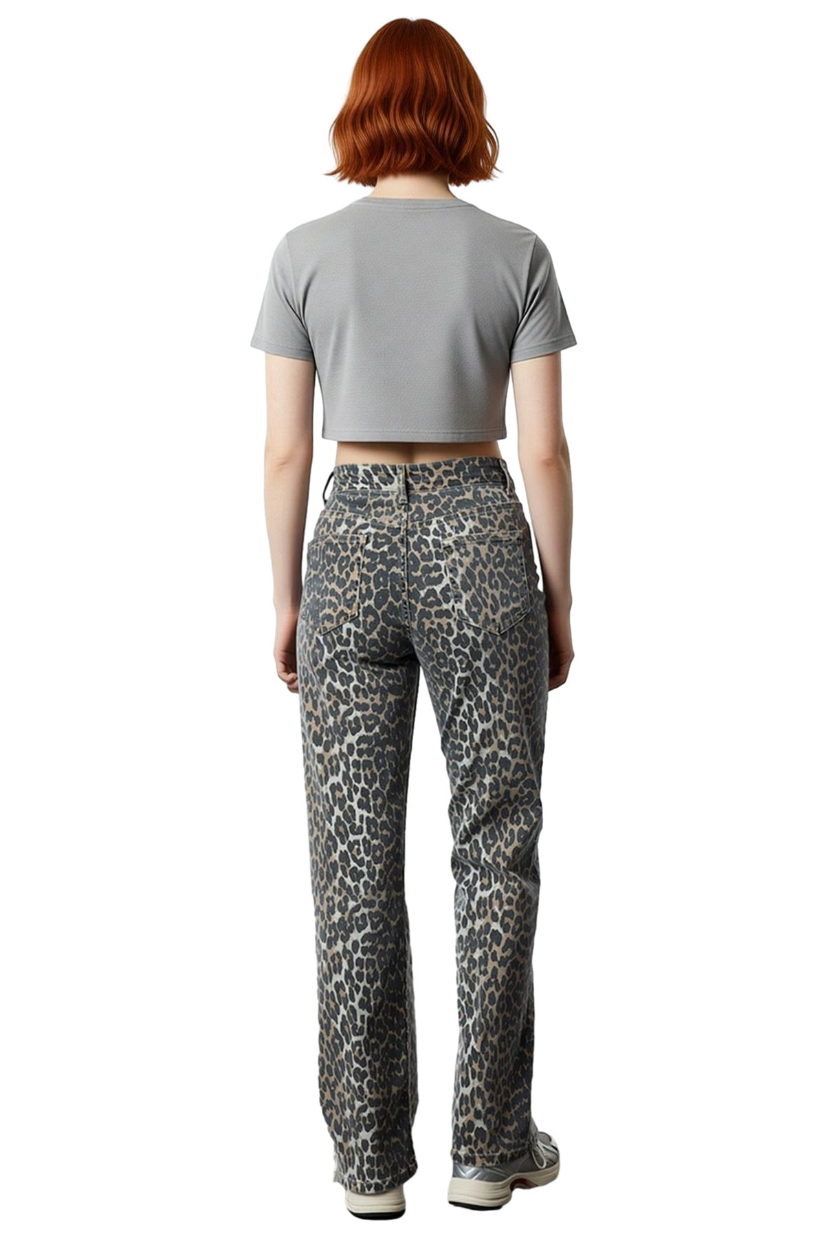 Kadın Moda Yüksek Bel Geniş Paça Leopar Desenli Jean Pantolon Günlük Kombinler Kaliteli Malzeme