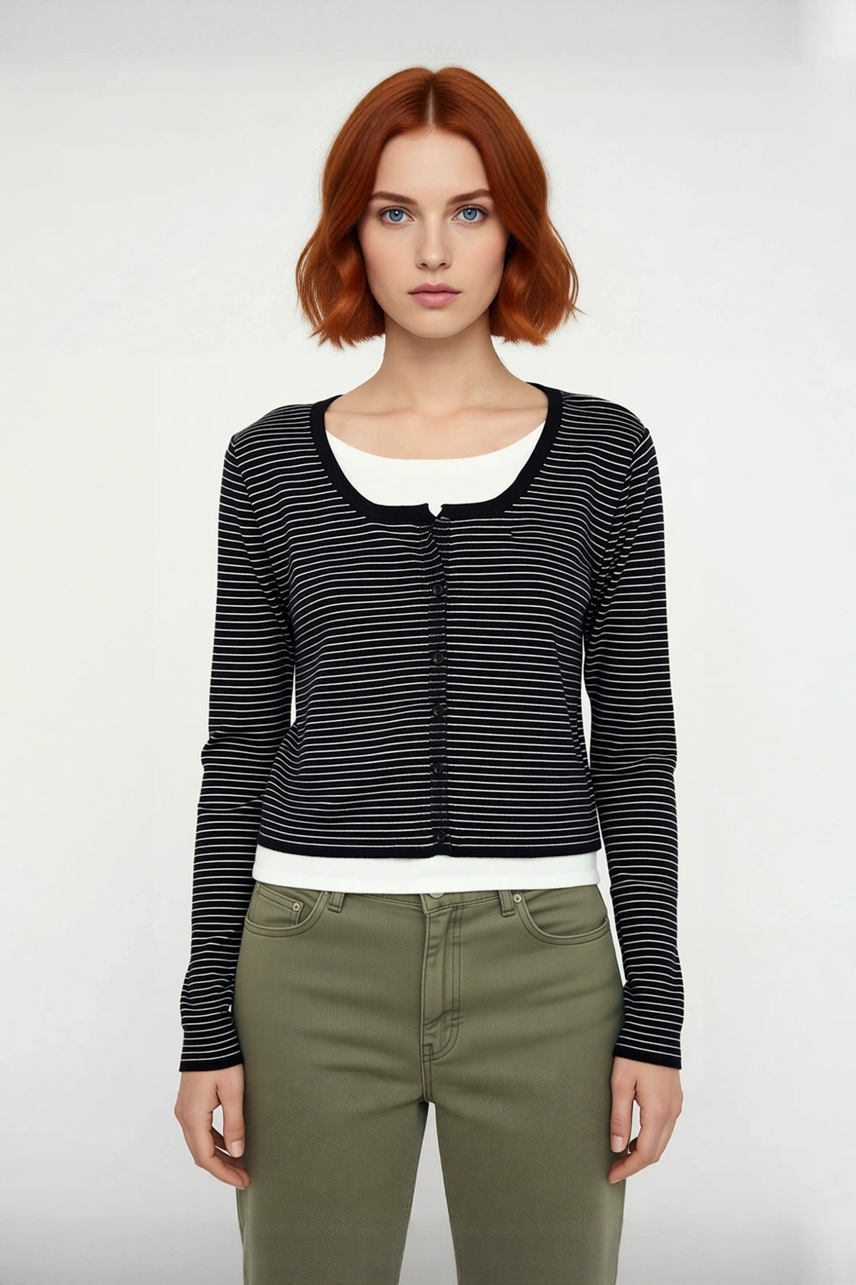 Kadın Basic Regular Kesim Çizgili Triko Crop Hırka İlkbahar Sonbahar Günlük Şıklığı Kaliteli
