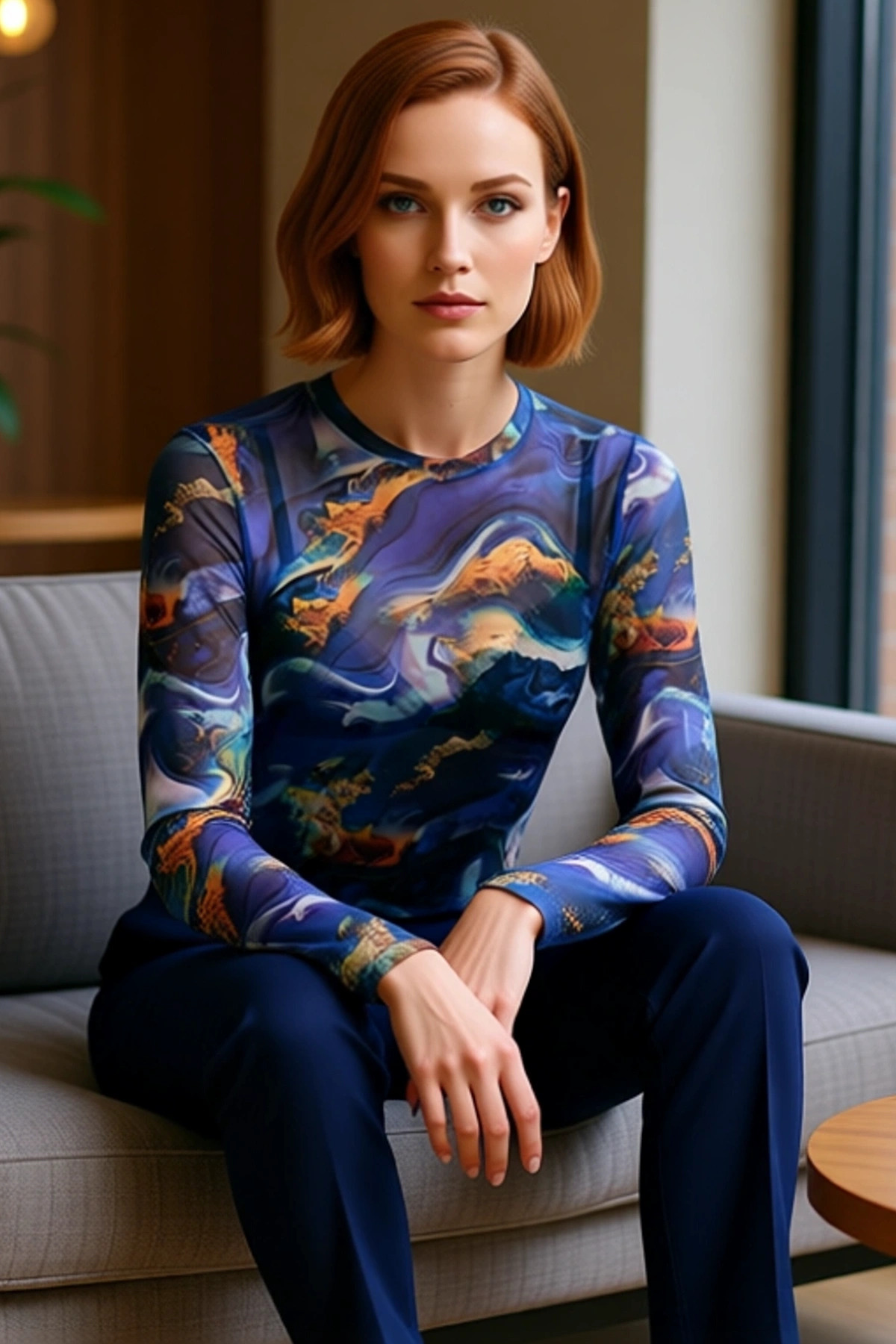 Kadın Fitted Vücuda Oturan Esnek Örme Tül Bluz Soyut Baskılı Bisiklet Yaka Uzun Kollu Crop Kesim