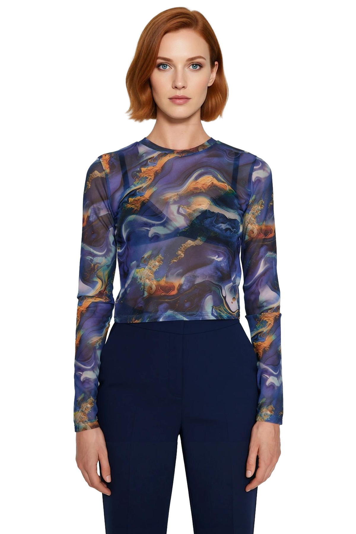 Kadın Fitted Vücuda Oturan Esnek Örme Tül Bluz Soyut Baskılı Bisiklet Yaka Uzun Kollu Crop Kesim
