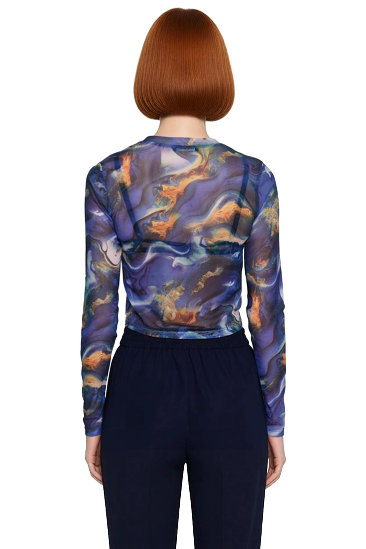 Kadın Fitted Vücuda Oturan Esnek Örme Tül Bluz Soyut Baskılı Bisiklet Yaka Uzun Kollu Crop Kesim