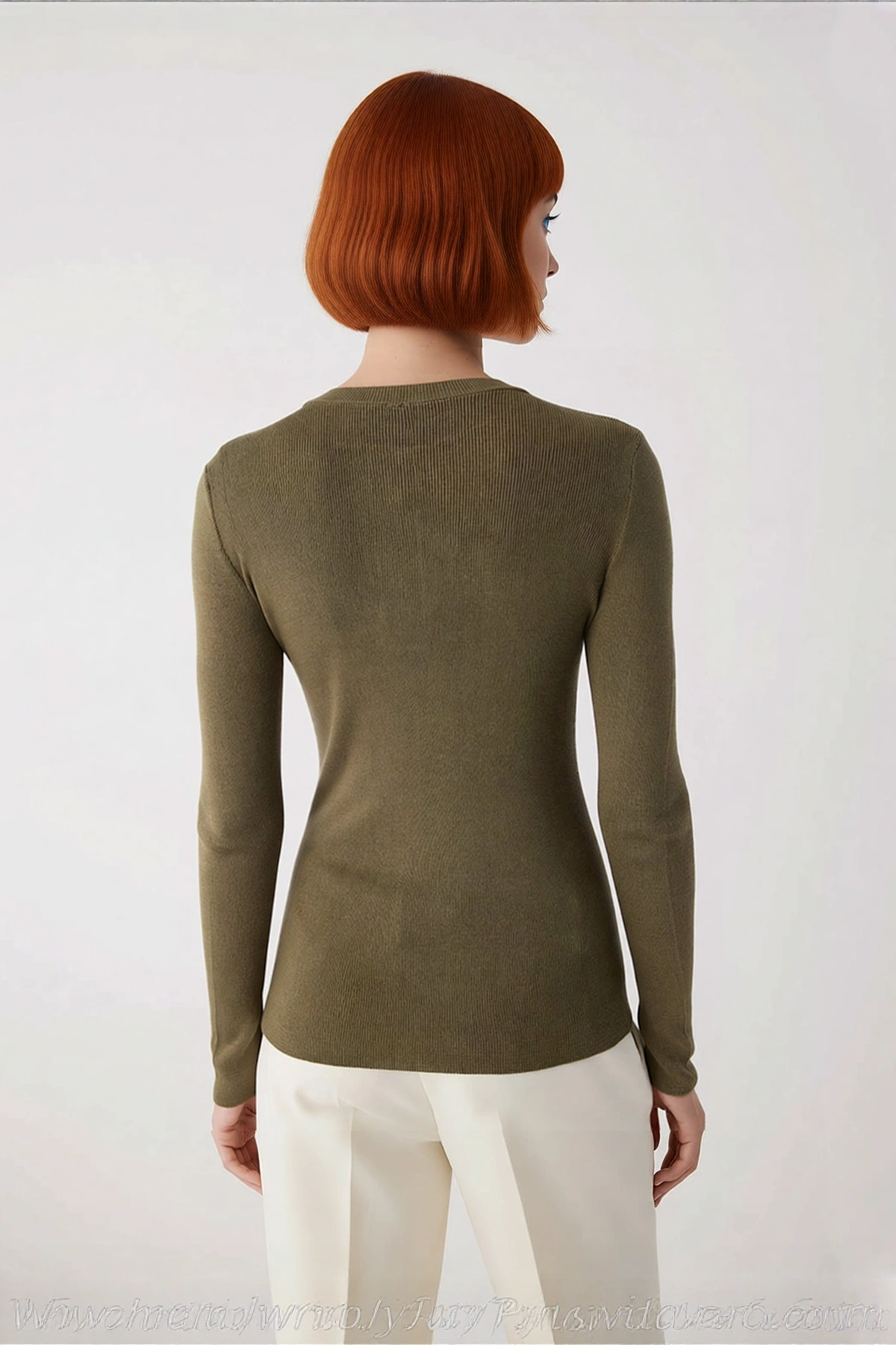 Kadın Fitted Bisiklet Yaka Düğmeli Fitilli Triko Kazak İlkbahar Sonbahar Günlük Şık Ve Modern