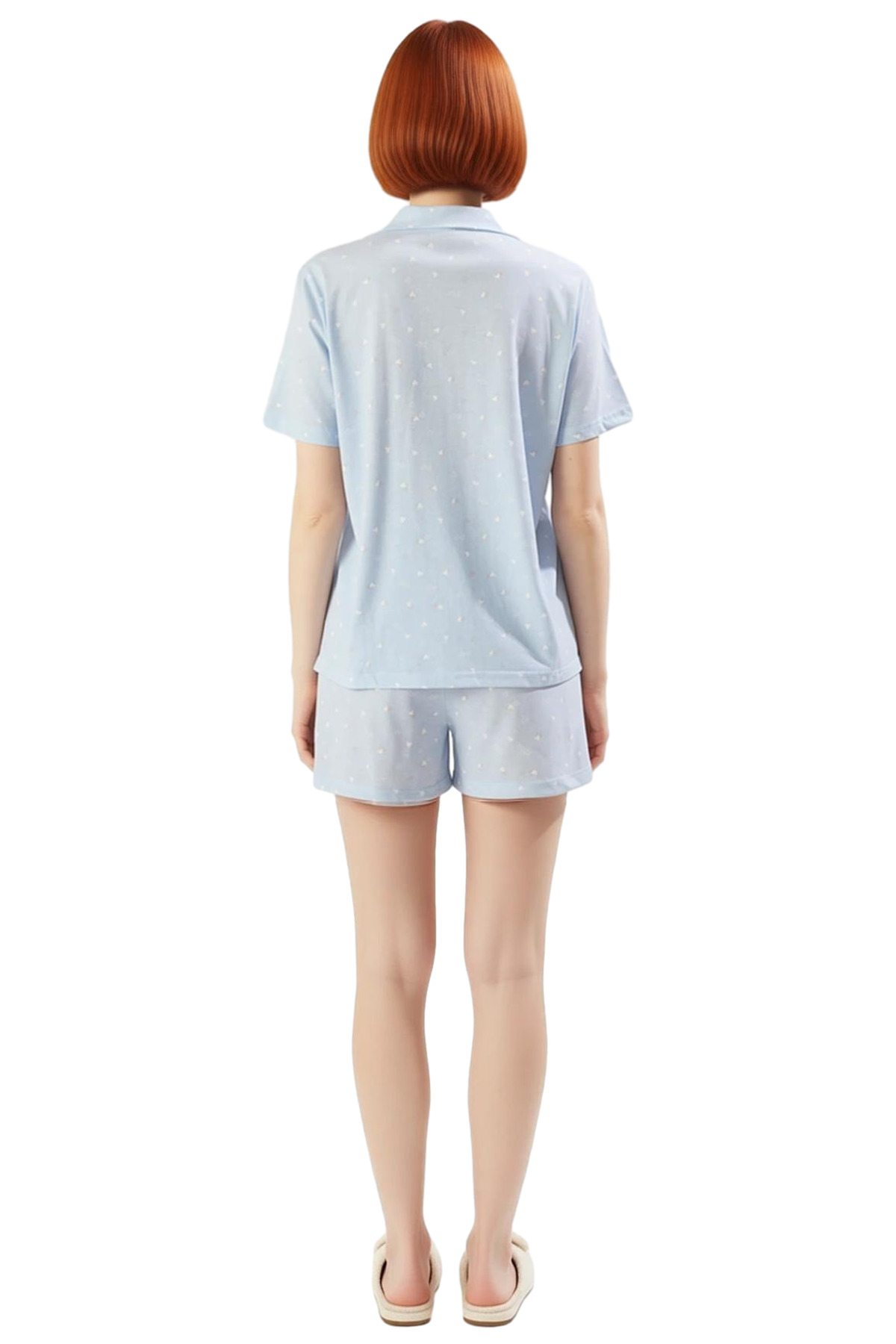 Kadın Rahat Yazlık Kalpli Pijama Takımı Örme Kumaş Regular Kalıp Kısa Kol Şık Görünüm