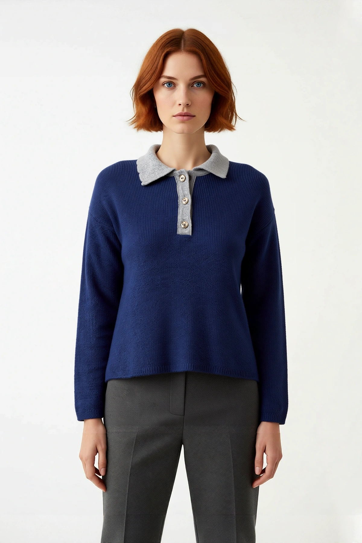 Kadın Oversize Polo Yaka Triko Kazak Renk Bloklu Yumuşak Dokulu Rahat Kışlık Giyim Şıklığı