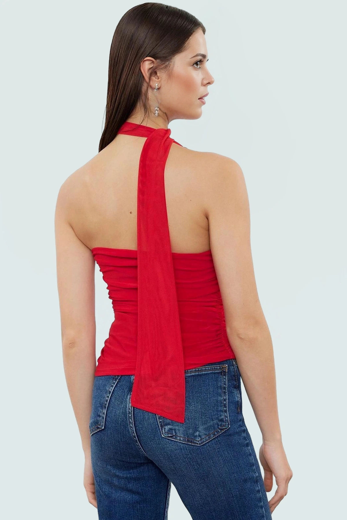 Asimetrik Yaka Kolsuz Fitted Örme Bluz Esnek Polyester Günlük Stil Kaliteli İşçilik Mükemmel Uyum