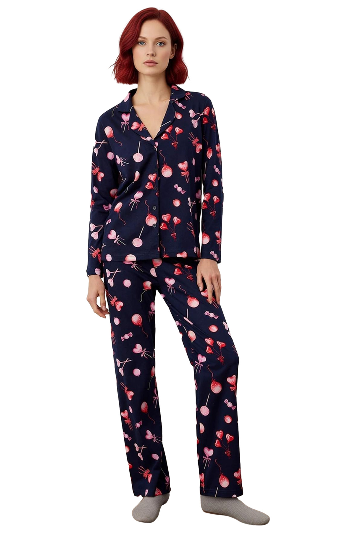 Kadin Kalpli Baskılı Gömlek Yaka Pijama Takımı Fonksiyonel Dayanıklı Kaliteli Konforlu Şık