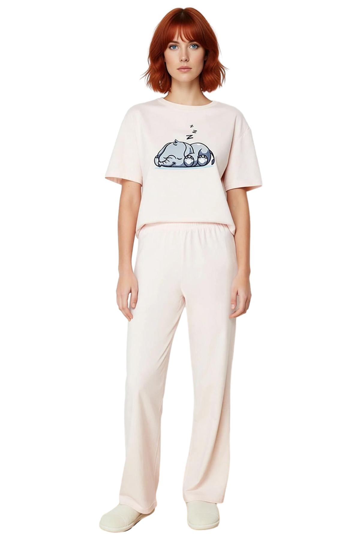 Kadın Pudra Fil Baskılı Pamuklu Regular Pijama Takımı Özenle Seçilmiş Rahat Kullanım