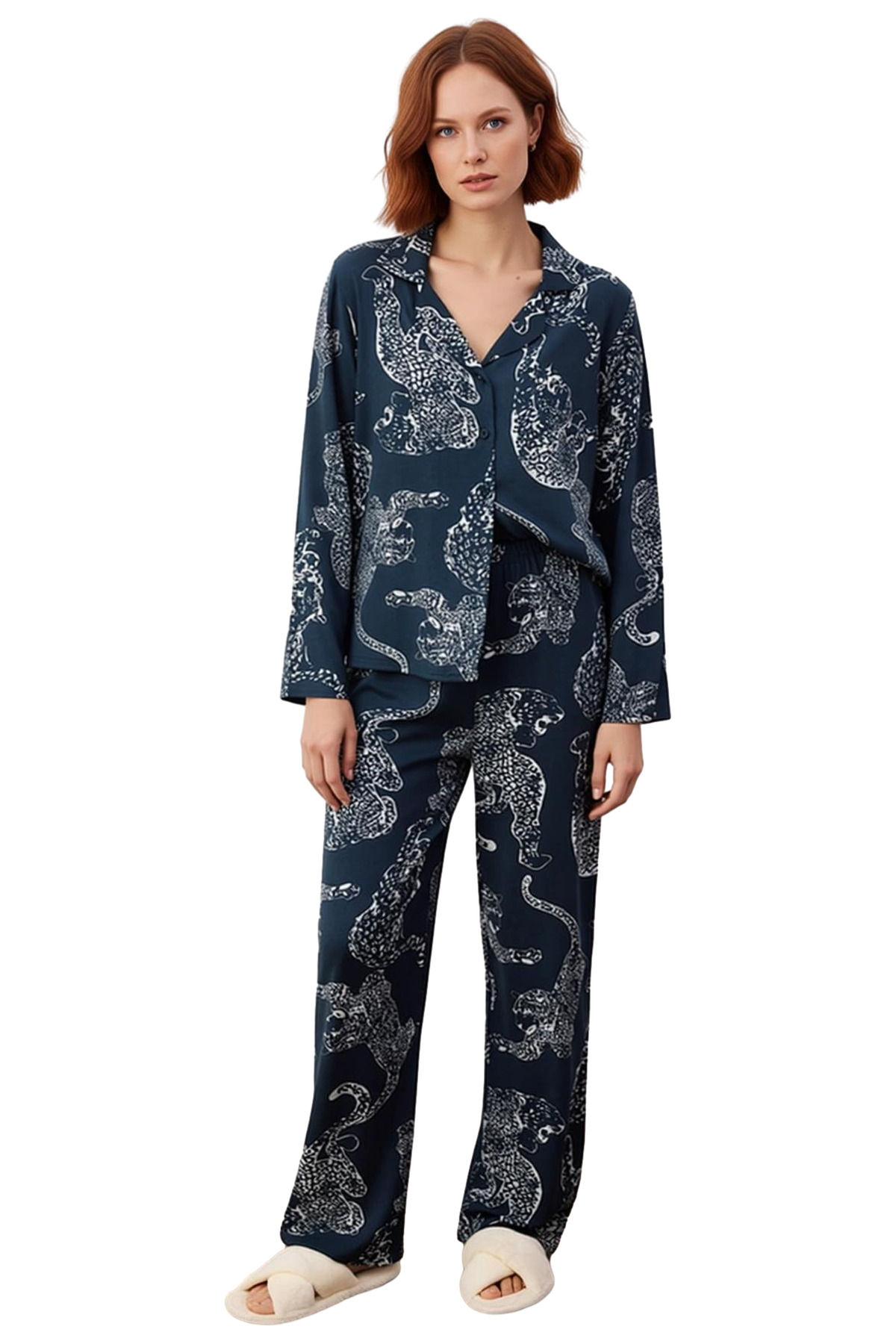 Kadın Kaplan Desenli Viskoz Pijama Takımı Rahat Şık Kışlık Görünüm Özenle Seçilmiş Modern Stil