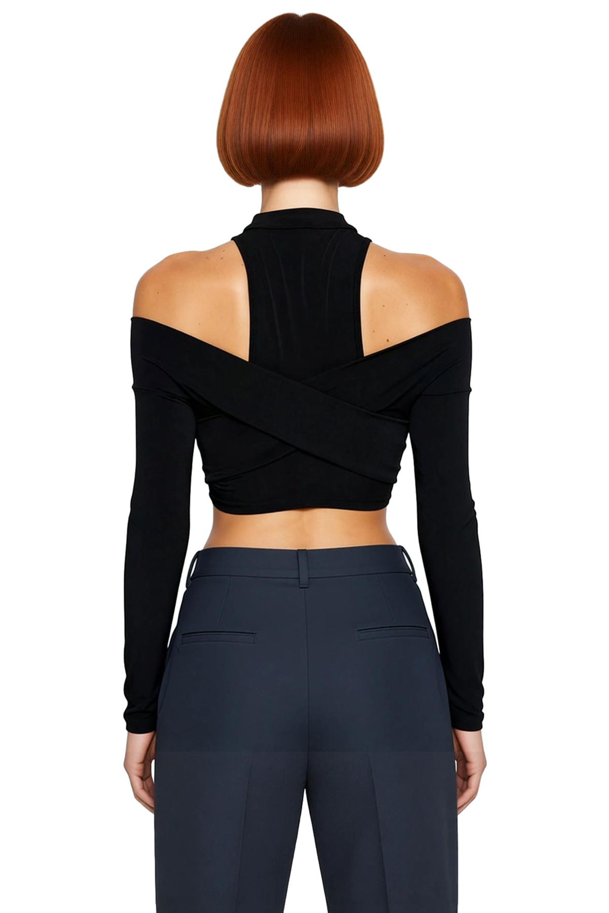 Kadın Dik Yaka Pencere Detaylı Crop Bluz Uzun Kollu Polyester Karışımlı Örme Esnek Slim Fit