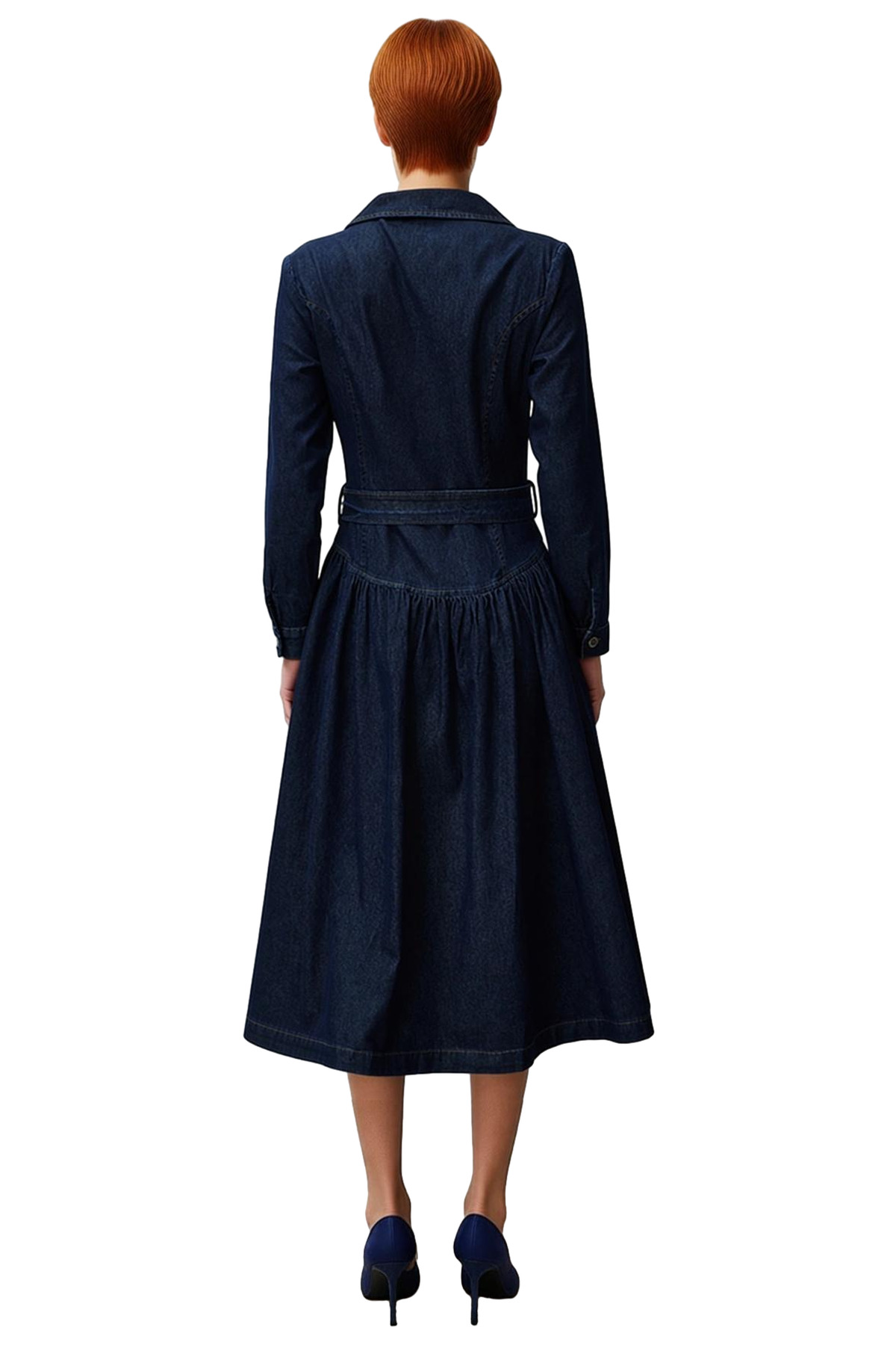 Kadın Maxi Kemerli Ceket Yaka Uzun Kollu %100 Pamuk Denim Shift Elbise Basic Siluet Kaliteli