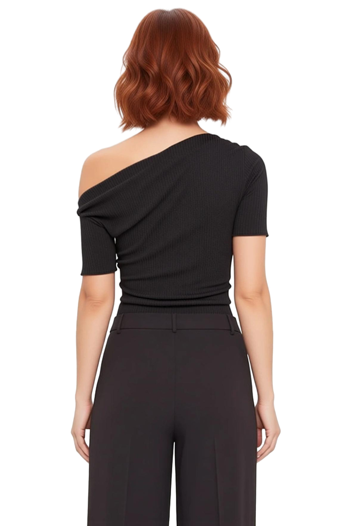 Asimetrik Yaka Kısa Kollu Fitted Örme Bluz Günlük Stil Uzun Ömürlü Premium Kalite