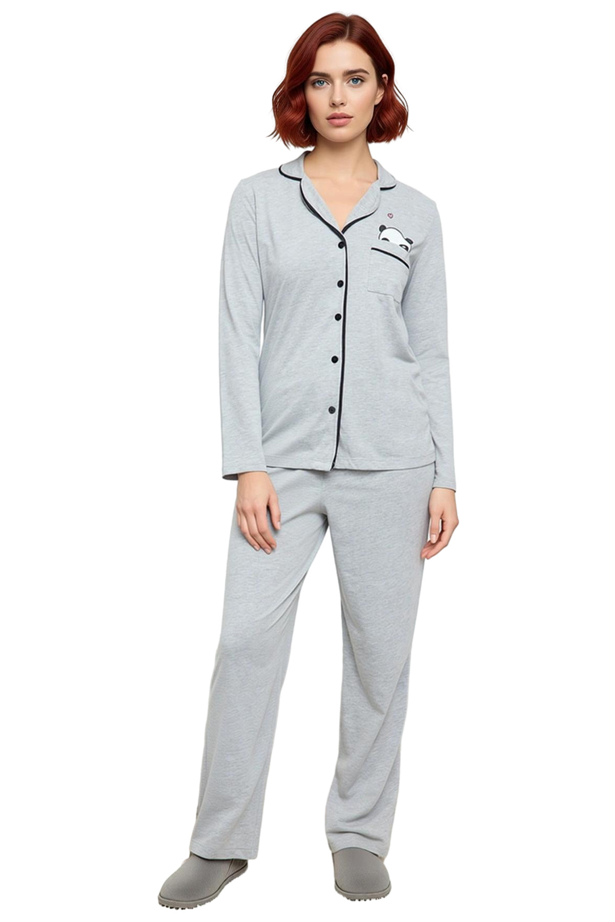 Kadın Pamuklu Panda Baskılı Örme Pijama Takımı Kış Mevsimi İçin Rahat Seçkin Malzeme Konforlu Kesim
