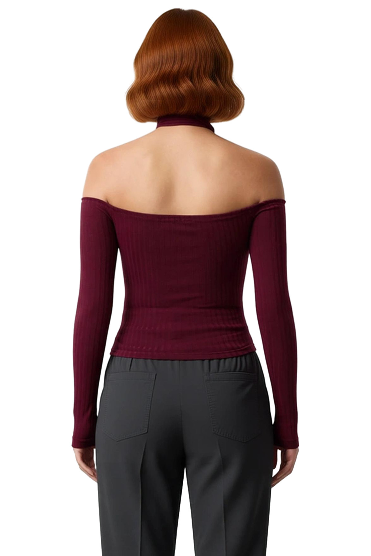 Kadın Bordo ÖrmeCarmen Yaka Düşük Kol Crop Bluz Polyester Kaşkorse Dokusuyla Kış Sezonuna Uygun