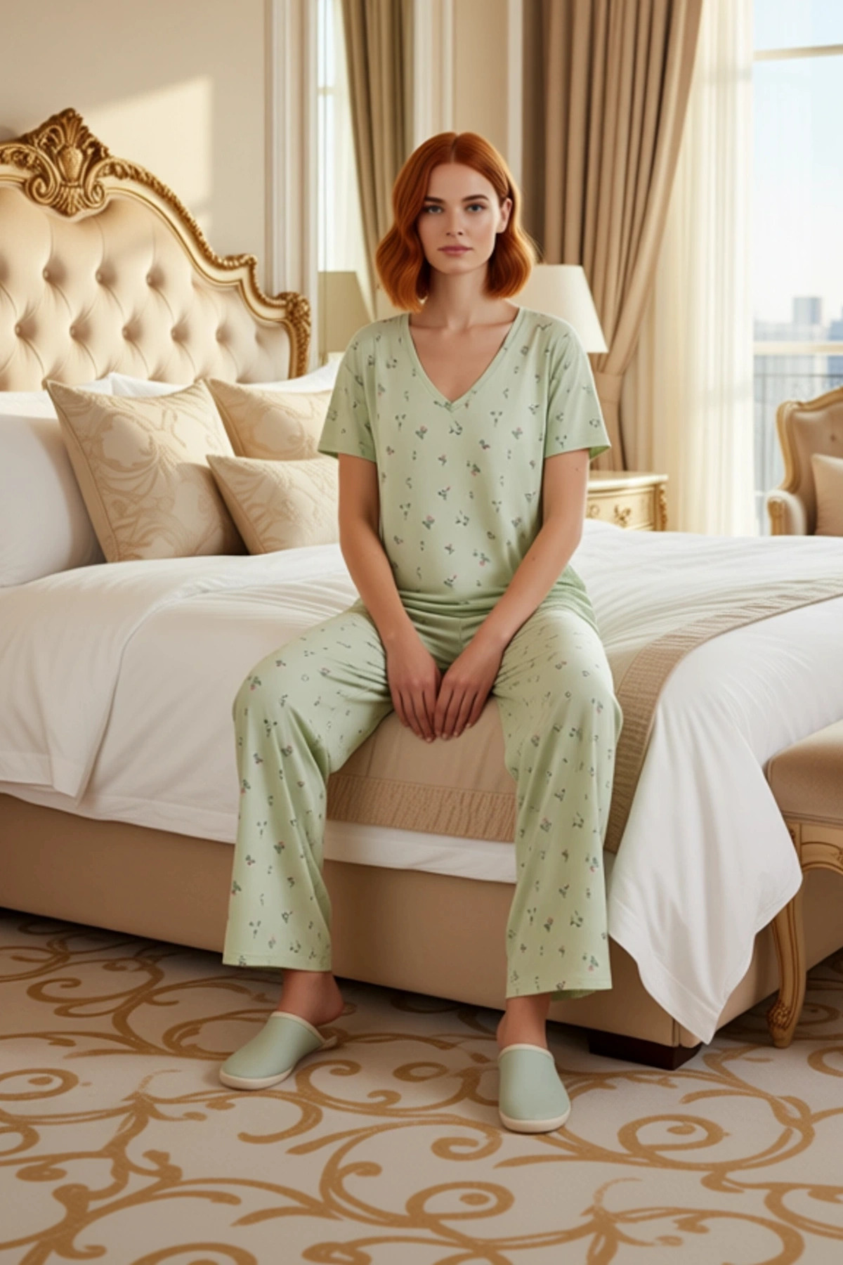 Kadın Rahat V Yaka Kısa Kollu Viskoz Pijama Takımı Geniş Paça Dayanıklı Malzeme Ve Şık