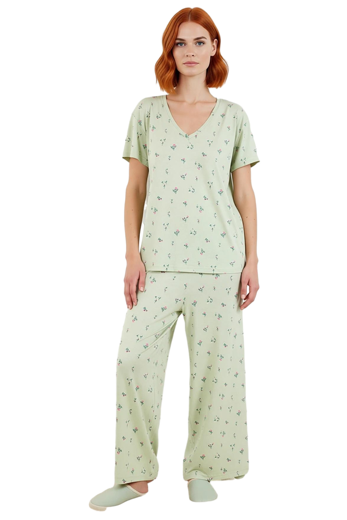 Kadın Rahat V Yaka Kısa Kollu Viskoz Pijama Takımı Geniş Paça Dayanıklı Malzeme Ve Şık