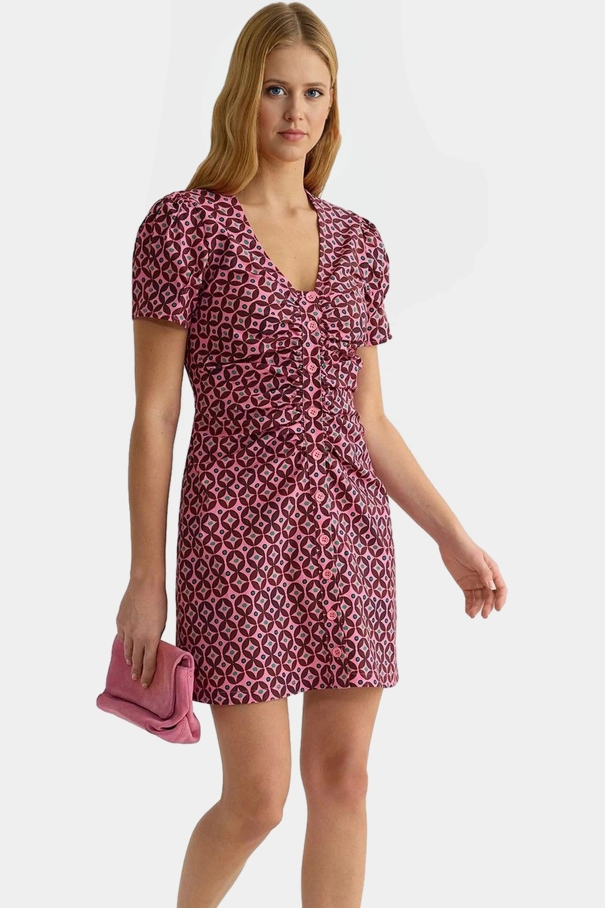 Kadın Retro Desenli Mini Gömlek Elbise Hafif Polyester Yazlık Günlük Stil Kaliteli Malzeme