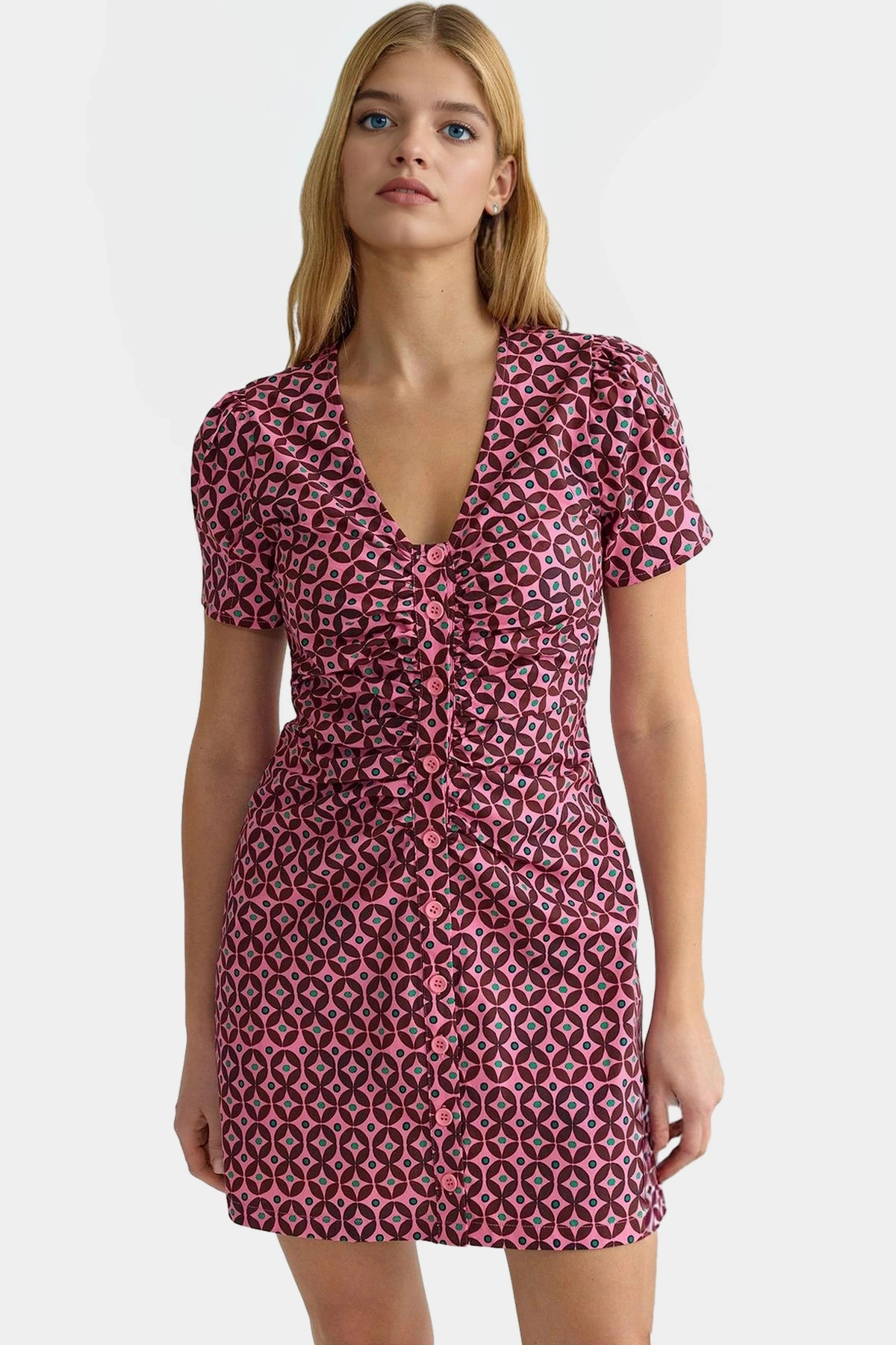 Kadın Retro Desenli Mini Gömlek Elbise Hafif Polyester Yazlık Günlük Stil Kaliteli Malzeme