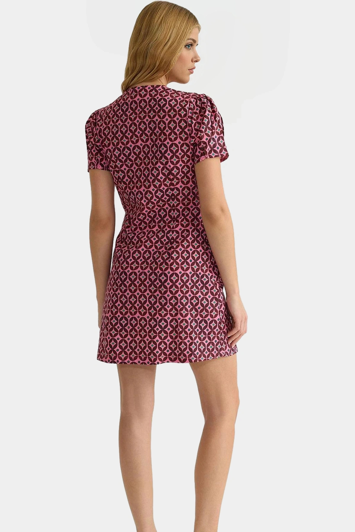 Kadın Retro Desenli Mini Gömlek Elbise Hafif Polyester Yazlık Günlük Stil Kaliteli Malzeme