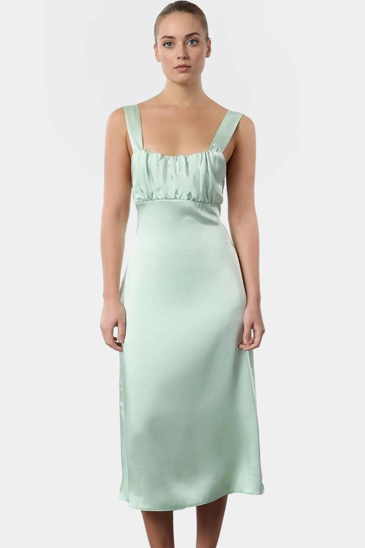 Kadın Saten Midi Elbise Kare Yaka Bodycon Kesim Rahat Günlük Kullanım Yaz Aylarının Vazgeçilmezi