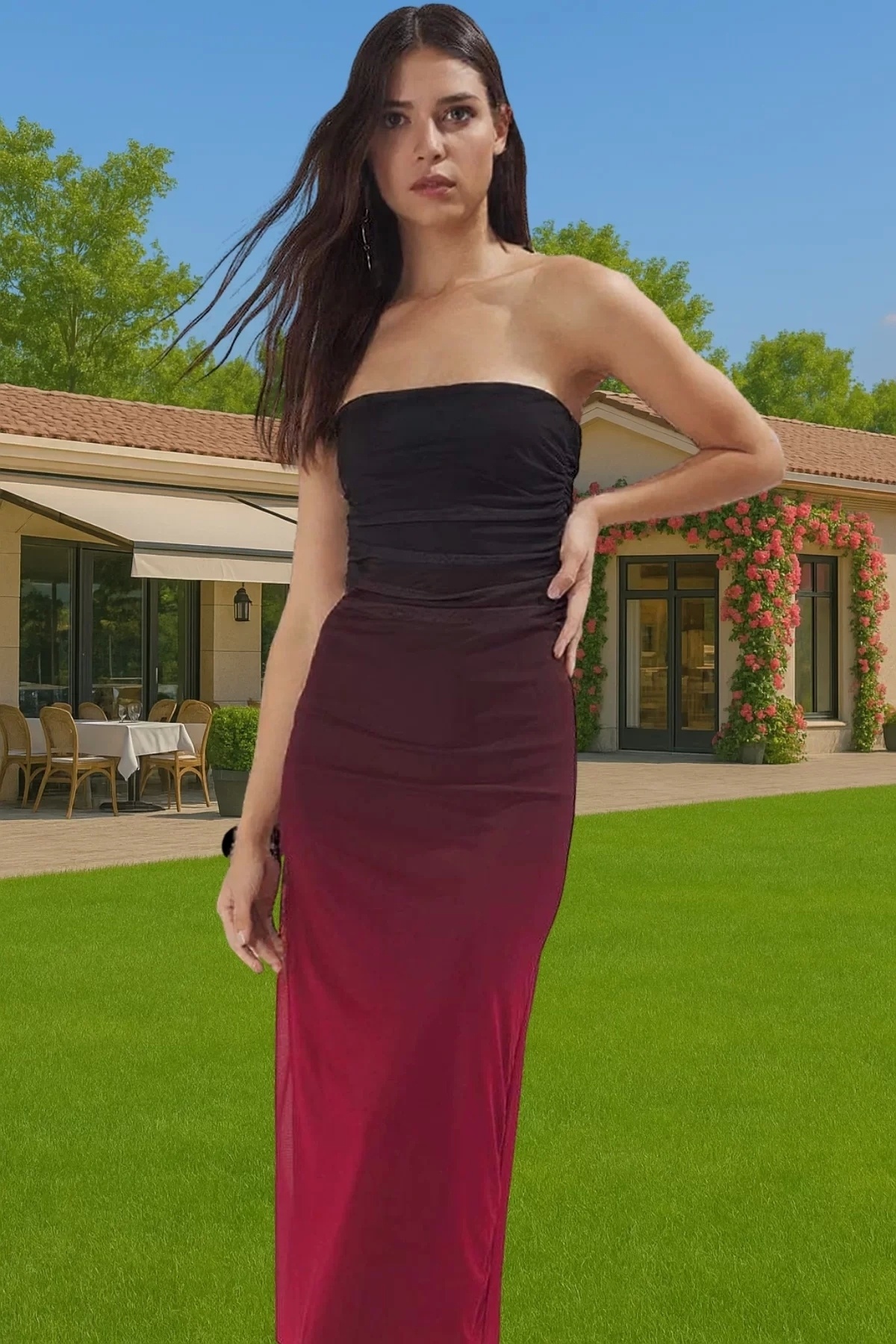 Kadın Degrade Tül Midi Elbise Bodycon Kalıp Yazlık Balo Günlük Kullanım Yaz Aylarının Vazgeçilmezi