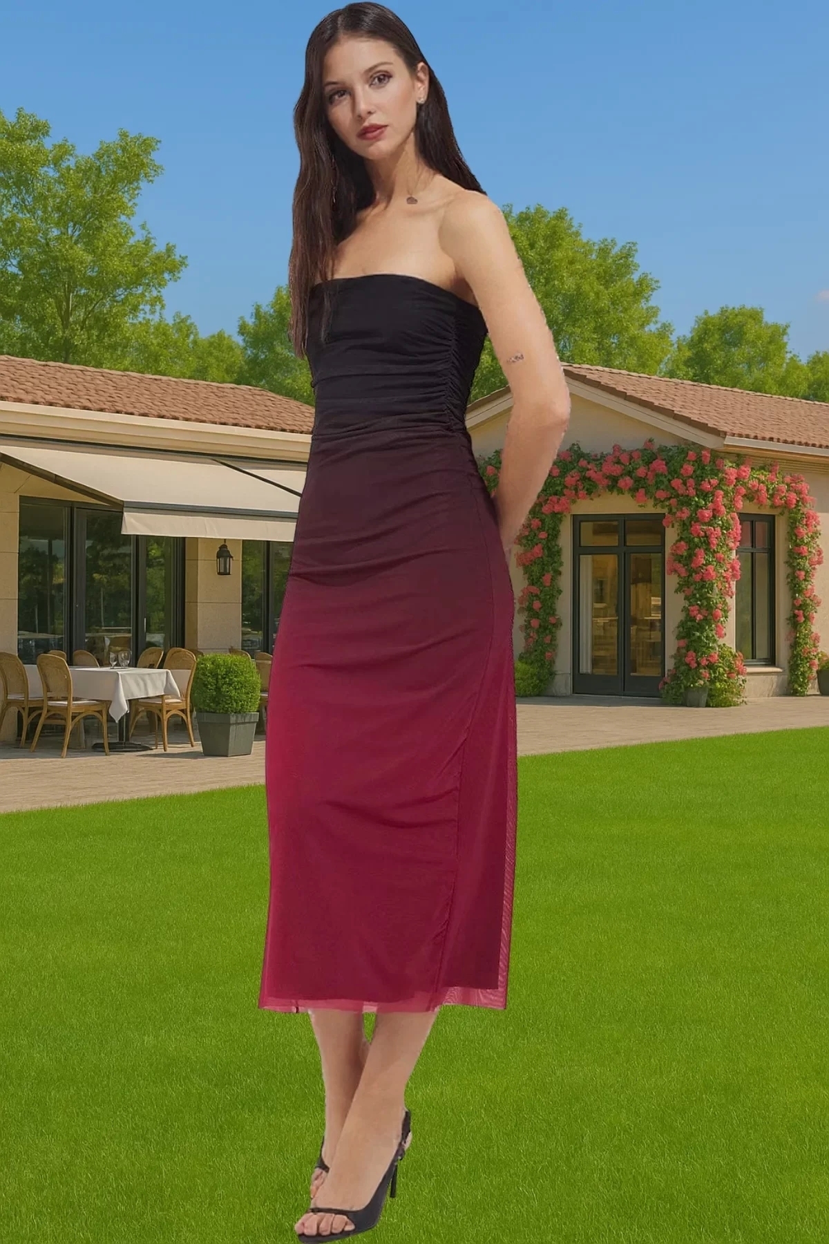 Kadın Degrade Tül Midi Elbise Bodycon Kalıp Yazlık Balo Günlük Kullanım Yaz Aylarının Vazgeçilmezi