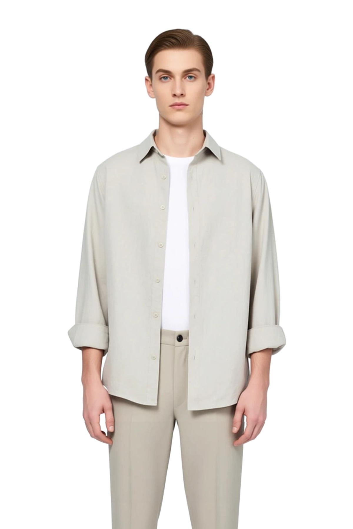 Erkek Oversize Fit Dokuma Keten Görünümlü Gömlek Yaka Uzun Kollu Gömlek Gündelik Şıklık Şık