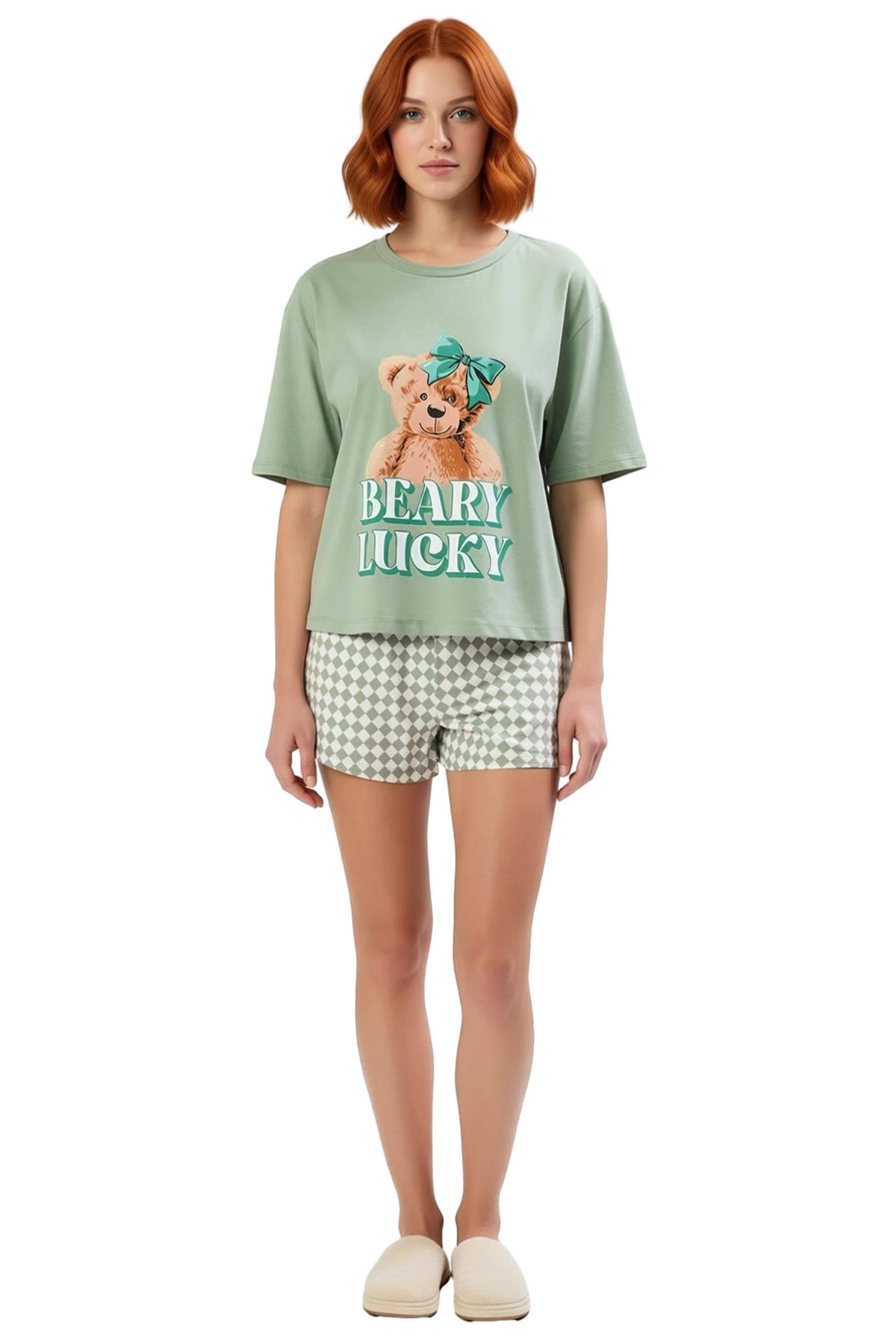 Kadın Ayıcıklı Pamuklu Pijama Takımı Rahat Kesim Kısa Kol Kullanım Günlük İçin