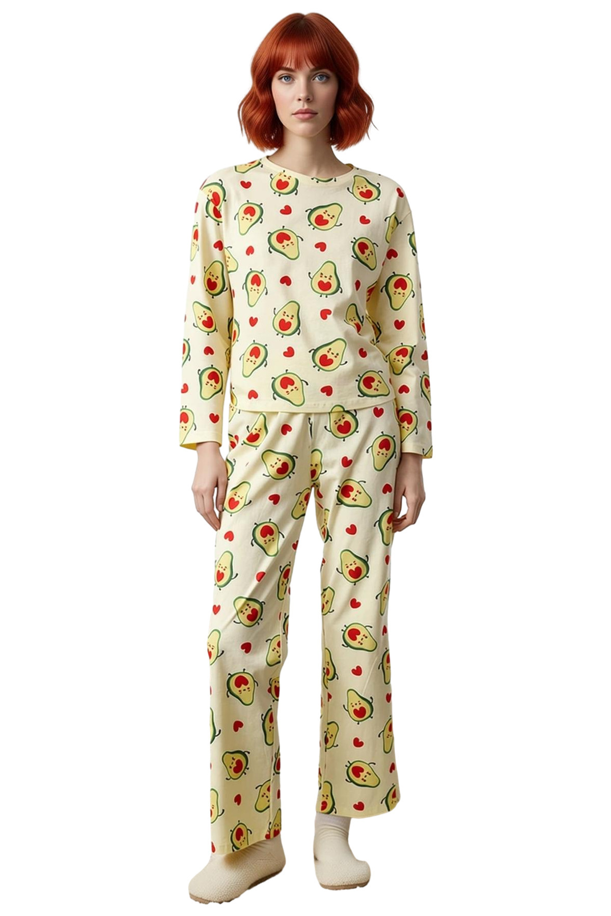 Kadın Avokado Kalp Desenli Bisiklet Yaka Pijama Takımı Fonksiyonel Dayanıklı Kaliteli Spor